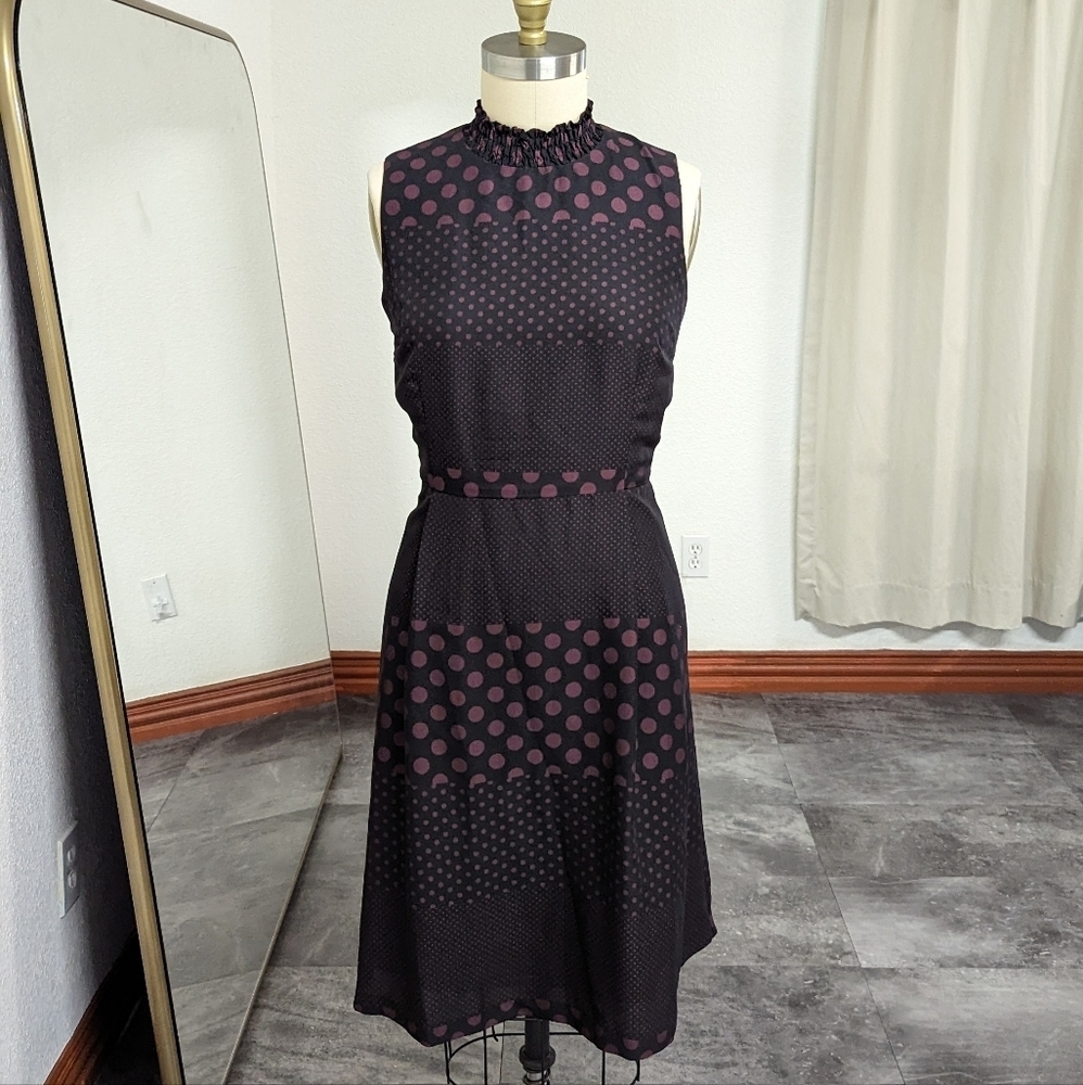 Who What Wear Polka Dot Smock Mock Neck Dress Black Purple L Business casual